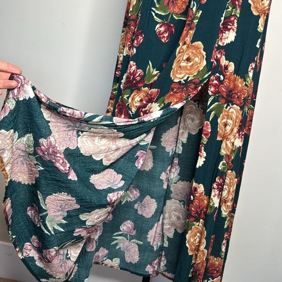 XHILARATION Women’s Dark Green Floral Off Shoulder Maxi Dress Slit and Pockets - Picture 5 of 8